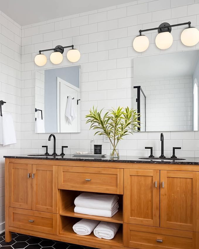 Black Vanity Lights for Bathroom, Farmhouse Bathroom Light Fixtures 3-Light Over Mirror with Milky Glass Globe Shade, KW-7307-3