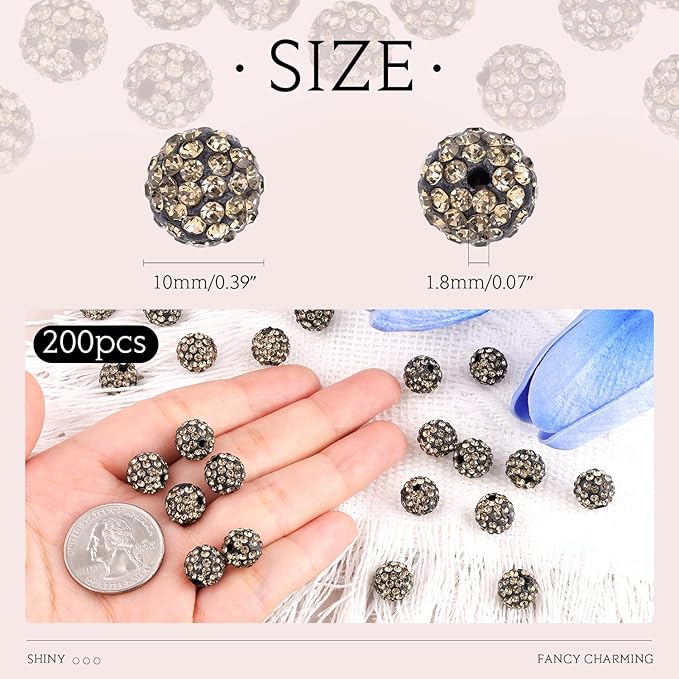 200pcs 10mm Gray Rhinestone Beads for Jewelry Making, Shiny Round Shamballa Disco Ball Beads Bulk, Sparkle Crystal Clay Christmas for Bracelet Baseball Necklace Earring Crafting and DIY