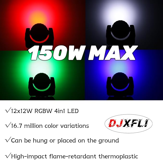 Moving Head Light Beam Wash 12x12W LED Stage Lighting RGBW 4in1 Professional DMX 512 Strobe Effect Sound Activated DJ Lights for DJ Night Clubs Disco KTV Bar Show (2 Pack)