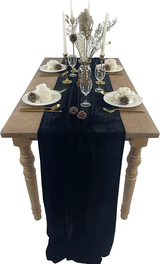 Velvet Table Runner, 10ft Luxurious Wedding Reception Decorations Soft Velvet Fabric Table Linen Overlay for Party (20 x 120 inch, Black)