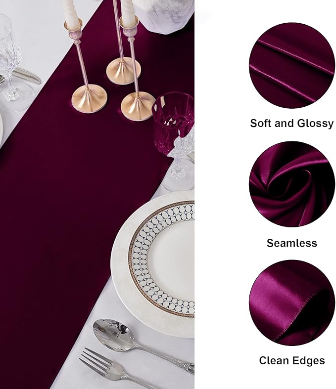 12Pack Table Runner 12 x 108 Inches Satin Silk Table Runner for Wedding, Birthday Party, Banquets, Graduations Decoration, fit Rectange and Round Table-Burgundy