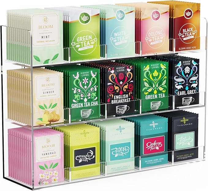 Acrylic Tea Bag Organizer, 3 Layers Tea Bag Holder for Tea Packets, No Assembly Required, Wall Mount Display Tea Caddy for Countertop or Cabinet, 15 Slots