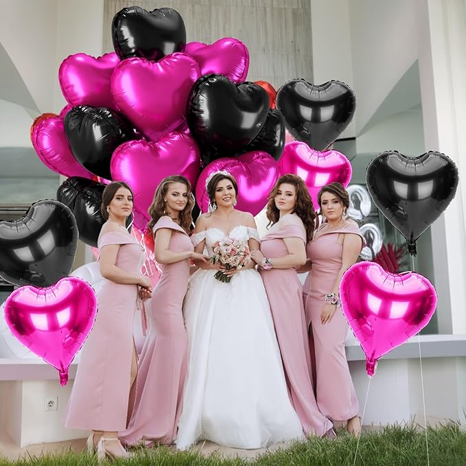 12 Pcs Heart Balloons, 18 inch Valentine's Day Balloons, Hot Pink Black Heart Foil Helium Balloon, Love Printed Foil Balloon for Valentine's Day Wedding Baby Shower Party Decorations