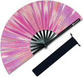 Large Rave Fan, Clack Folding Hand Fan with Premium Fabric, Thick Bamboo Frame for Men Women Gift for EDM, Festival, Club, Party, Dance, Decoration (Lridescent Pink, 11")