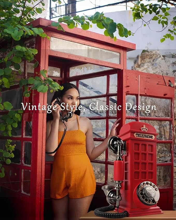 Audio Guest Book Wedding Phone with Vintage Phone Booth Design, Record Customized Audio Message Guest Book for Wedding, Party and Gathering, Red