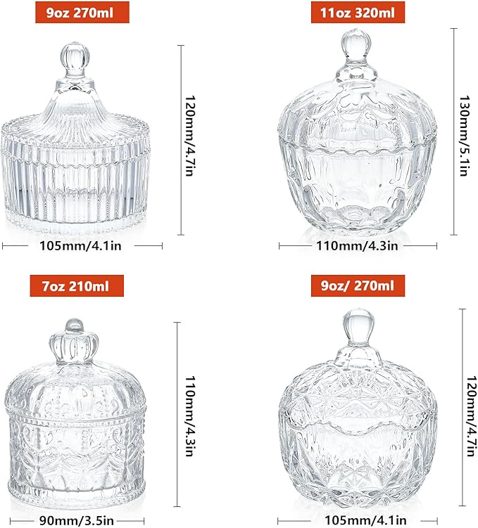 INFTYLE Glass Candy Dish with Lid Set of 4 Crystal Glass Candy Jar Jewelry Box Dappen Dish Cookie Jar for decorative storage gift idea (4pcs Clear)…