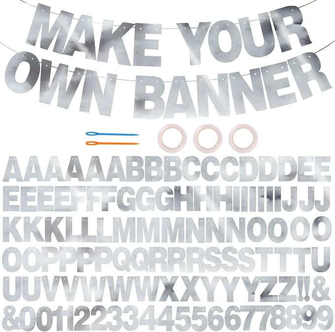BEISHIDA Double-sided Silver 116 PCS DIY Letter Banner Kit Make Your Own Banner,Including 111 Letters and Numbers 3 Rope and 9 Threading Device,Customized for Birthday Graduation Wedding Decor