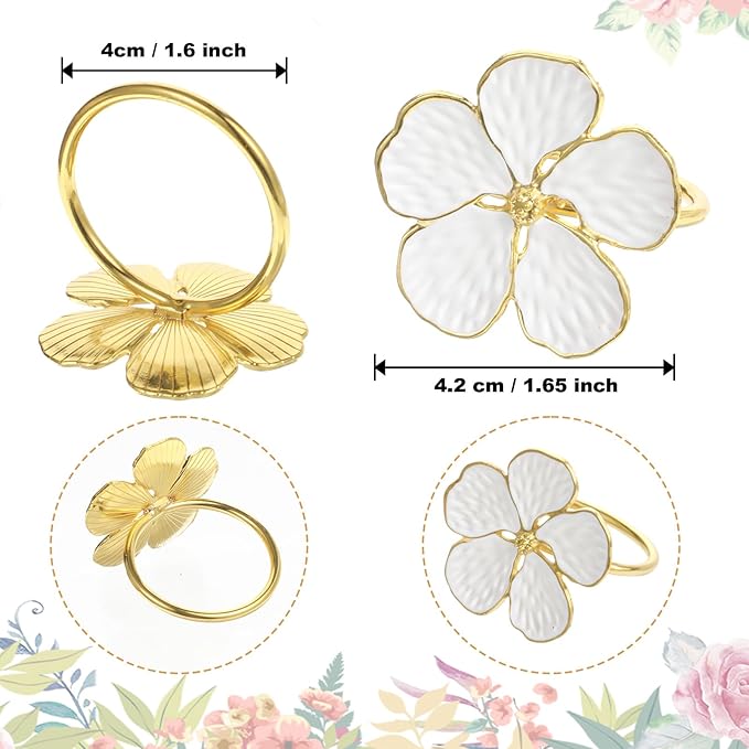 10 Pack White Floral Napkin Rings, 1.6x1.65 inch Elegant Metal Holders Ornament Table Setting Decoration for Wedding, Holiday, Party
