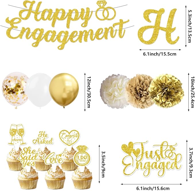 Engagement Party Decorations, Just Engaged Decorations, Happy Engagement Banner Set with Paper Pom Poms, Tissue Tassels, Balloons, Garland & Cake Topper for Wedding Bachelorette Party (Gold)