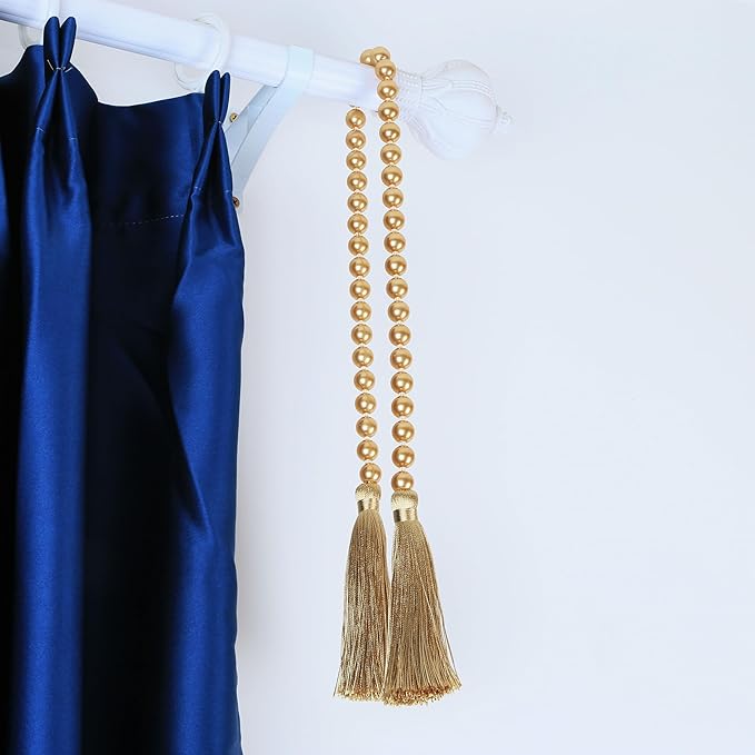 Fenghuangwu 34 Inch Pearl Glass Bead Garland with Tassels - Elegant Boho Table Decor, Fringe Wall Hanging for Wedding, Party, Farmhouse Rustic Prayer Bead Home Decoration(1 Pack,Champagne Gold)