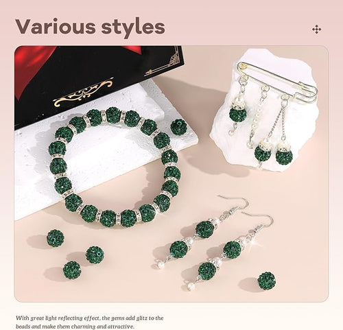 160pcs 10mm Rhinestone Beads for Jewelry Making, Dark Green Shiny Round Disco Ball Beads Bulk, Sparkle Crystal Clay Christmas for Bracelet Baseball Necklace Earring Crafting and DIY