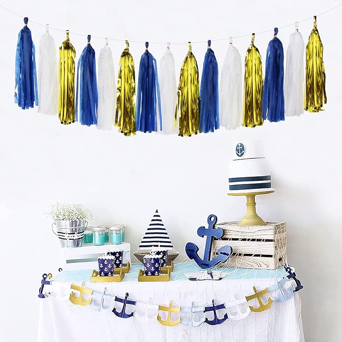 Navy-Blue White-Gold Tassel Garland Streamers- 15pcs Tissue Paper Tassels Banner Party Decorations Men Boy Birthday Graduation Bachelorette Engagement Backdrop Hanging Decor Panduola