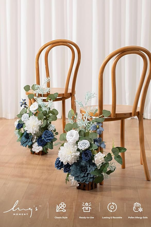 Ling's Moment 17.5" Tall Standing Artificial Flowers Arrangements 4 pcs Wedding Aisle Runner Chair Decorations Dusty Blue Navy Centerpieces for Ceremony Reception Rose Floral Party Outdoor