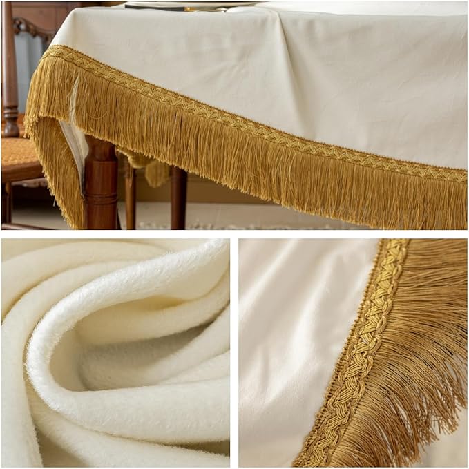 F-CHU White Tablecloth Thickset Velvet Tablecloth with Beautiful Gold Tassels Vintage Table Cloth for Home Decor Wedding, Party, Banquet and Events 60x86-Inch