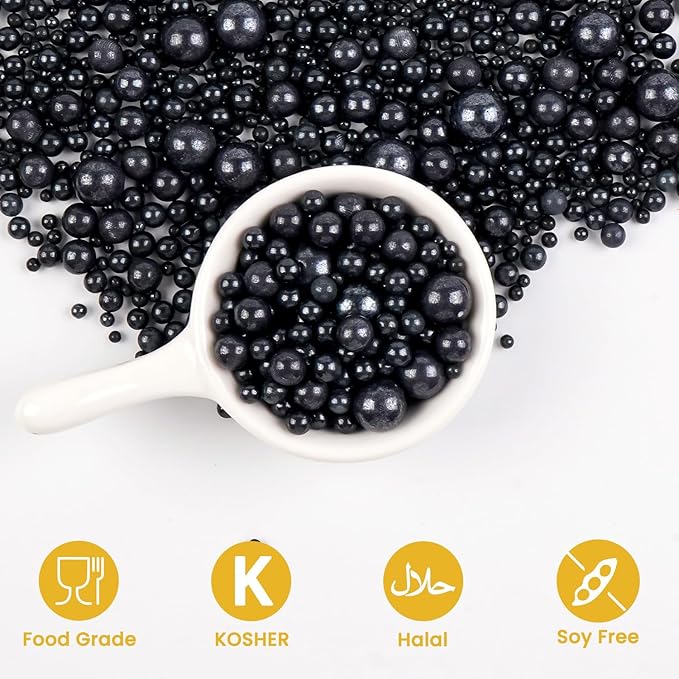 Edible Black Pearl Sugar Sprinkles, Black Pearl Sprinkles for Cake Decorating, 180g/6.35oz, Cupcake Toppers, Cake Decorations, Ice Cream, Wedding Party Halloween Supplies