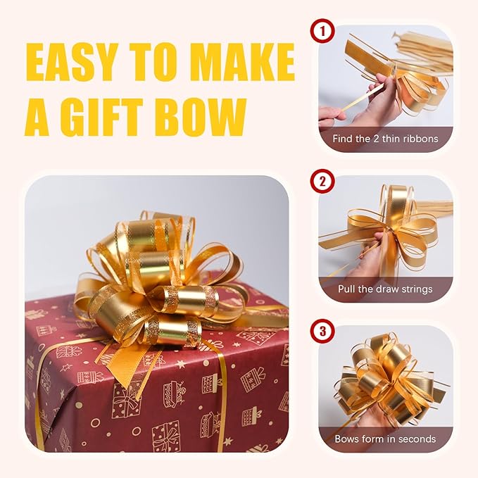 12 PCS 6 Inch Large Pull Organza Golden Bows - Perfect for Gift Wrapping, Wedding Decor, Car Bows, Birthday Parties, Christmas and Valentine's Day