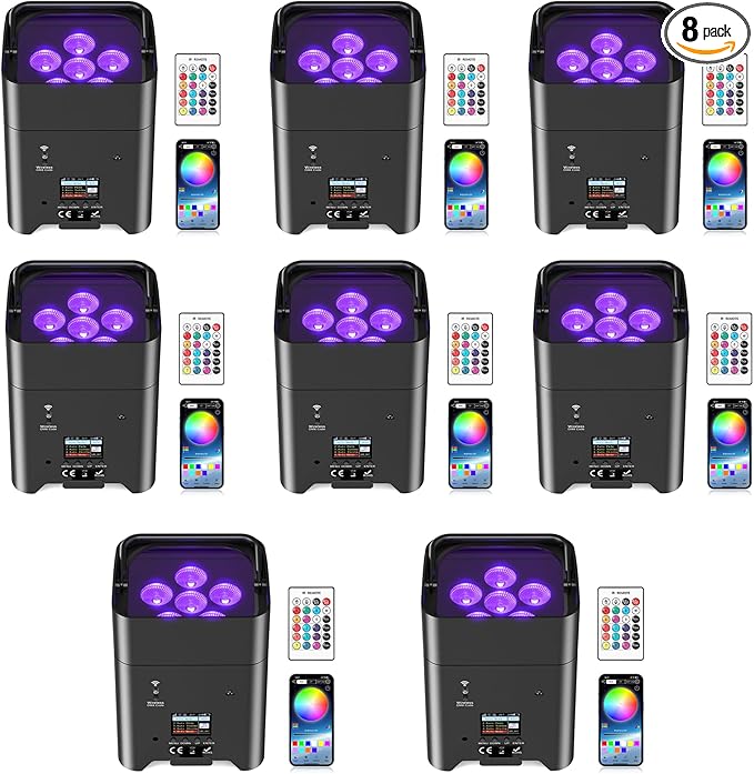 9600mAh Wireless Uplights, 6x18W RGBWA UV Rechargeable Stage Lights, APP/DMX512/Remote Controlled Par Lights, Battery Powered Uplights for Show, Party, Festival, Event， 8 Pack