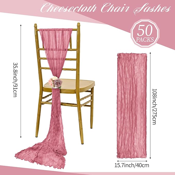 50 PCS Cheesecloth Chair Sashes, Bows Designed ChairSashes, 15.7x108 inch Chair Sashes for Aisle Decorations Universal Chairs Cover Decoration for Wedding Reception Party Banquet (Dusty Rose)