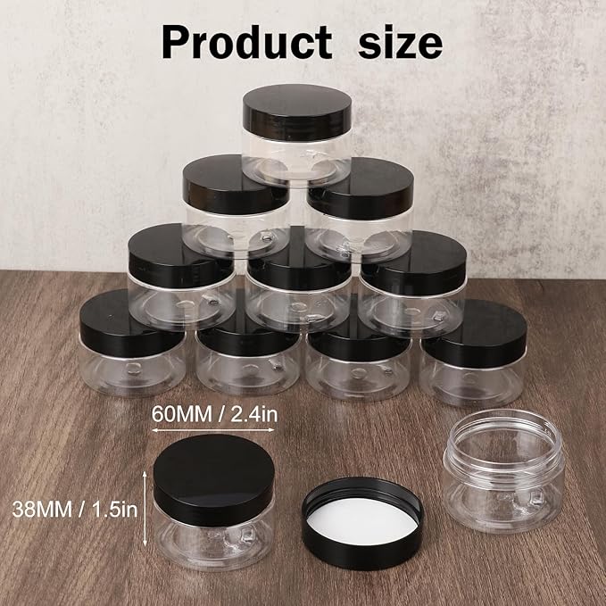 110 Packs 2 OZ Transparent Plastic Jars with black Lids, Body Butter Containers, Cosmetic Containers jars for Kitchen Ingredients, beads, sequins, Lotion, Cream, DIY Crafts and More by KUKLIPJIM.