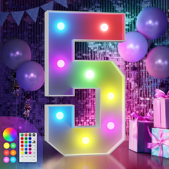 imprsv 3FT Colorful Marquee Numbers,18 Colors Number 5 with Remote, Light Up Numbers Sign for 1st Birthday Decorations Anniversary Party Decor, Pre-Cut Foam Board Kit, Mosaic Sign for Balloon
