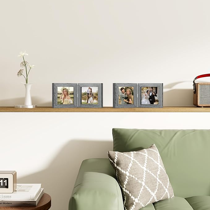 decorUhome Double 4x4 Picture Frame Vertical, Engineered Wood Bifold Photo Frame with Plexiglass for Tabletop Display, 4x4, Grey