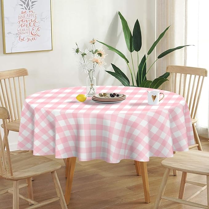 QIKSION Pink Gingham Round Tablecloth 12 Pack, 84 Inch Plastic Checkered Table Cover Disposable for Parties