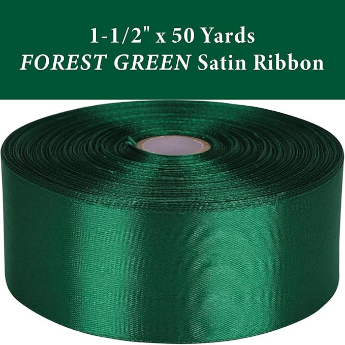 1-1/2 Inch Forest Green Satin Ribbon 50 Yards Solid Fabric Ribbons for Gift Wrapping, Crafts, Flower Bouquets, Wedding, Party, Holiday and Home Decor
