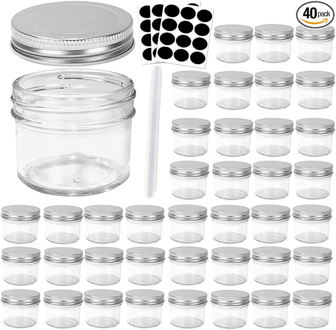 Betrome 4 oz Clear Glass Mason Jars with Silver Metal Lids, 40 Pack 113ml Round Canning & Jelly Jars Small Spice Jars for Herb,Jelly,Jams, for Kitchen Storage