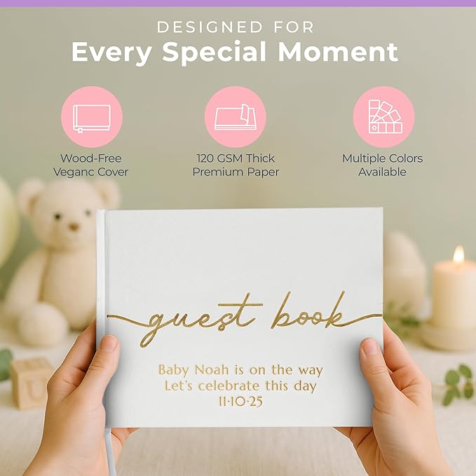 Promot Personalized Guestbook for Party (White) - 110 Lined Pages in Wood-Free Vegan Leather Hard Cover - Wedding Guest Book Sign in and Photos, Baby Shower, Birthday or Graduation