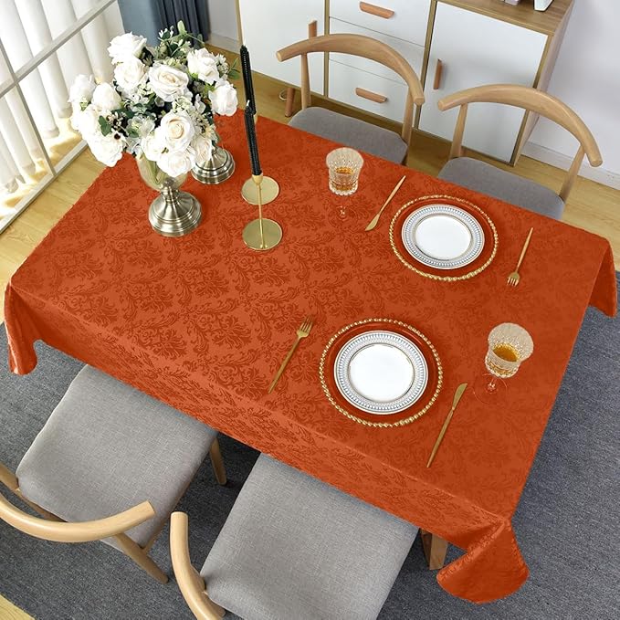 Jacquard Tablecloth Rectangle 52 x 70 Inch, Waterproof Stain Resistant Damask Autumn Table Cloth, Soft Polyester Table Cover for Fall, Harvest, Thanksgiving, Holiday, Rusty/Orange