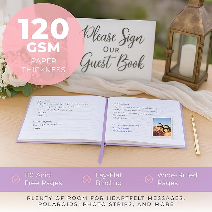 Promot Personalized Guestbook for Party (Lavender Purple) - 110 Lined Pages in Wood-Free Vegan Leather Hard Cover - Wedding Guest Book Sign in and Photos, Baby Shower, Birthday or Graduation