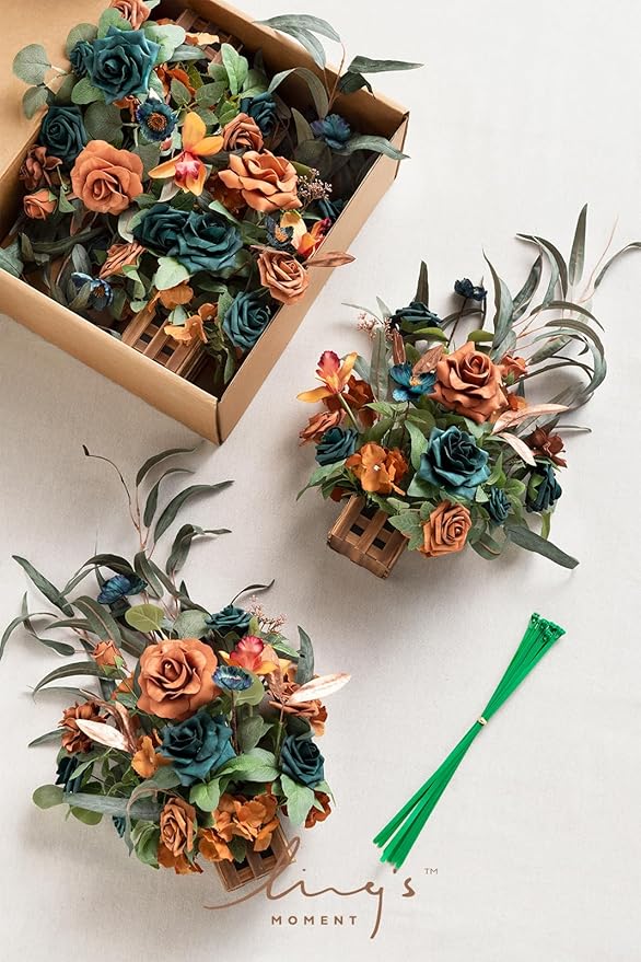 Ling's moment 17.5" Tall Standing Artificial Flowers Arrangements 4pcs Fall Wedding Aisle Runner Chair Decorations Teal Burnt Orange Centerpieces Ceremony Reception Rose Floral Party Outdoor