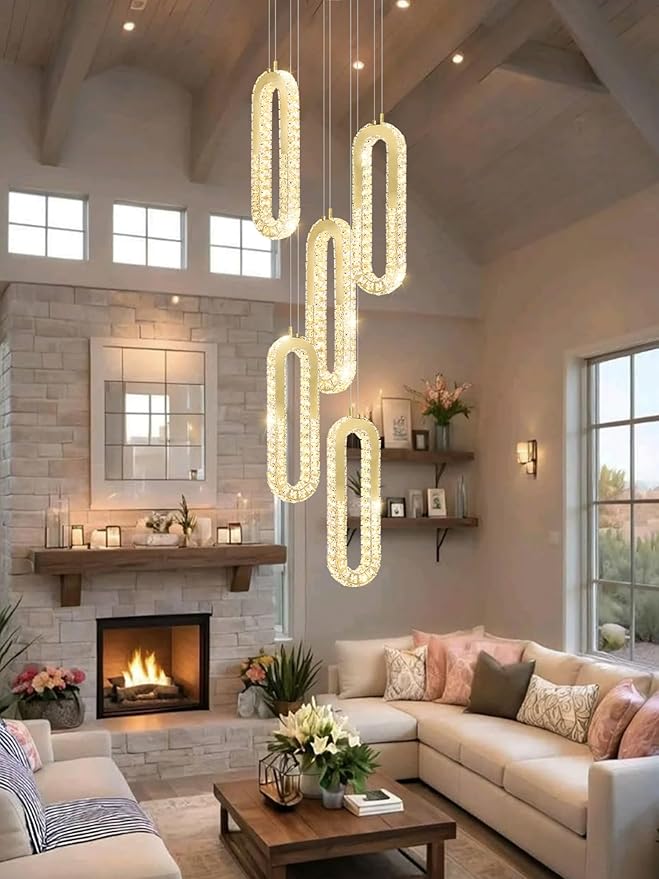 5 Rings Crystal Chandeliers for Staircase Large Pendants Light Fixture Gold High Ceiling Chandelier for Entryway Bedroom Foyer 2700K-6000K