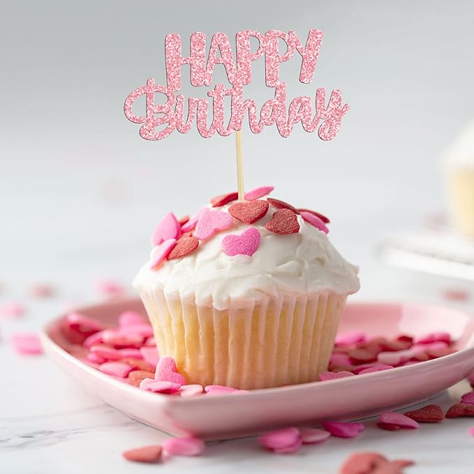 Gyufise 24Pcs Happy Birthday Cupcake Toppers Pink Glitter Celebrating Birthday Cake Picks Baby Shower Kids Birthday Party Decoration Supplies