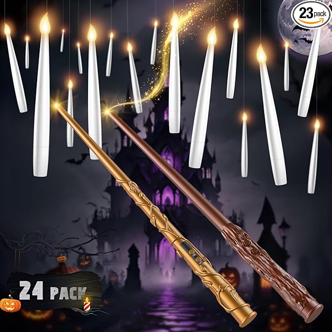 Floating Candles with 2 Wand - 24 Pack Halloween Decorations Magic Flameless Candles Flickering Warm Light LED Hanging Candle Remote, Operated Candles for Christmas Outdoor Indoor Party Decor