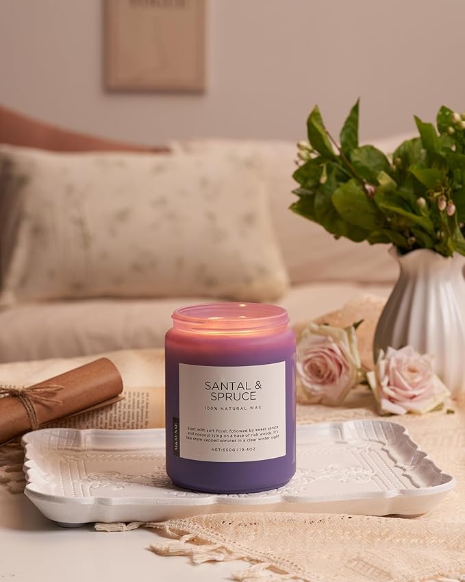 M&SENSE Santal Spruce Coconut Soy Candles for Home Scented, 19.4oz 110 Hour Slow Burning Large Candle Gift for Stress Relief, Meditation, Relaxing SPA, Best Smelling Christmas Gifts