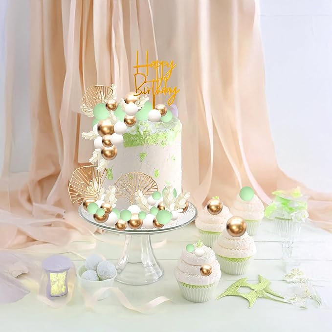 Gyufise 57Pcs Balls Cake Topper Boho Grass Cake topper Pearl Balls Acrylic Happy Birthday Cake Decorations for Wedding Baby Shower Birthday Boho Themed Party Supplies Green