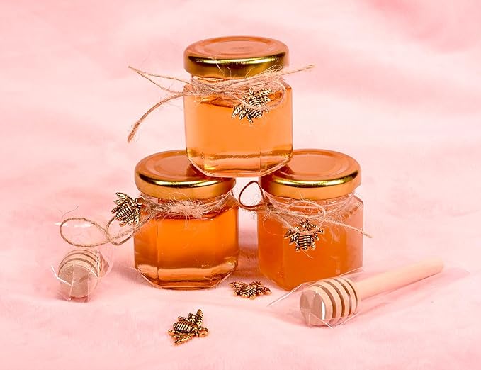 Mini Honey Jars - Hexagon Little Glass Honey Jar with Gold Lids, Wooden Dippers, Bee Charms and Jutes - Small Honey Jars for Baby Showers, 20Pack
