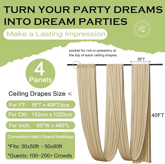 PartyVillage 20ftx40ft Beige Ceiling Curtain for Wedding Parties – 4 Panels Wrinkle-Free 40 FT Long Tent Draping Curtains for Wedding, Birthday & Theme Parties, 40ft Height with Rod Pocket