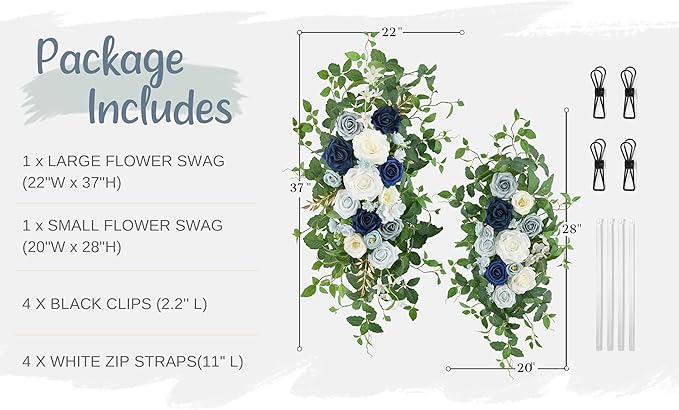 Arch Flower Kit of 2 - Artificial Floral Swag for Wedding Welcome Sign, Reception Ceremony Signs, Chair Decor (Dusty Blue & Ivory)