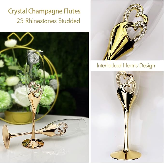 Wedding Cake Knife and Server Set, Gold Wedding Champagne Fluteswith Twin Heart Base and Rhinestone Detailing, Toasting Glasses for Couple Bride and Groom, Cake Cutting Set of 6