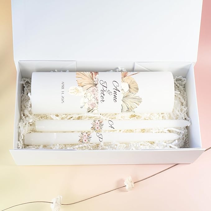 Unity Candles for Wedding, Modern Unity Set, Custom and Personalized Pillar and Taper Candles, Unscented White Premium Wax, Religious and Wedding Ceremony, Special Events (Palm)
