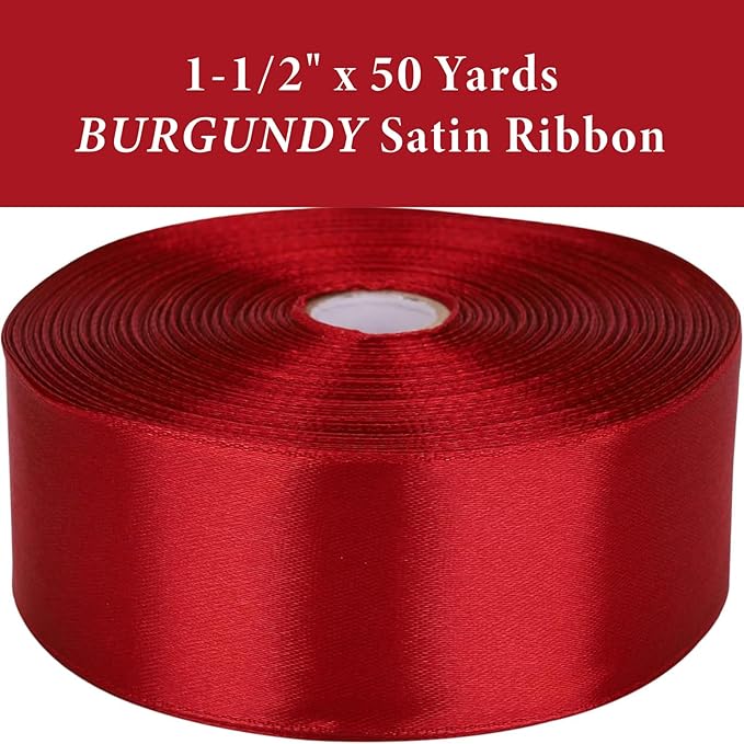1-1/2" x 50 Yards Burgundy Satin Ribbon Single Faced Fabric Ribbons for Gift Wrapping, Crafting, Floral Arrangements, Flower Bouquet, Wedding, Home Decor