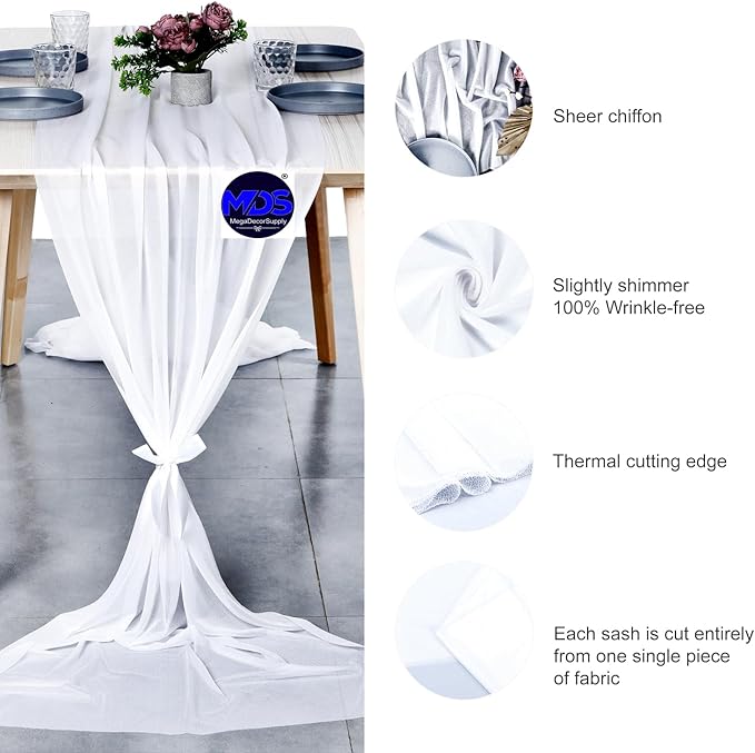 MDS Halloween Chiffon Table Runner - 20 Pack, 29 x 170 Inches, 14ft Each - Sheer Spooky Table Runners for Haunted House Parties, Trick-or-Treat Tables, Witchy Décor, Wedding & Events - White