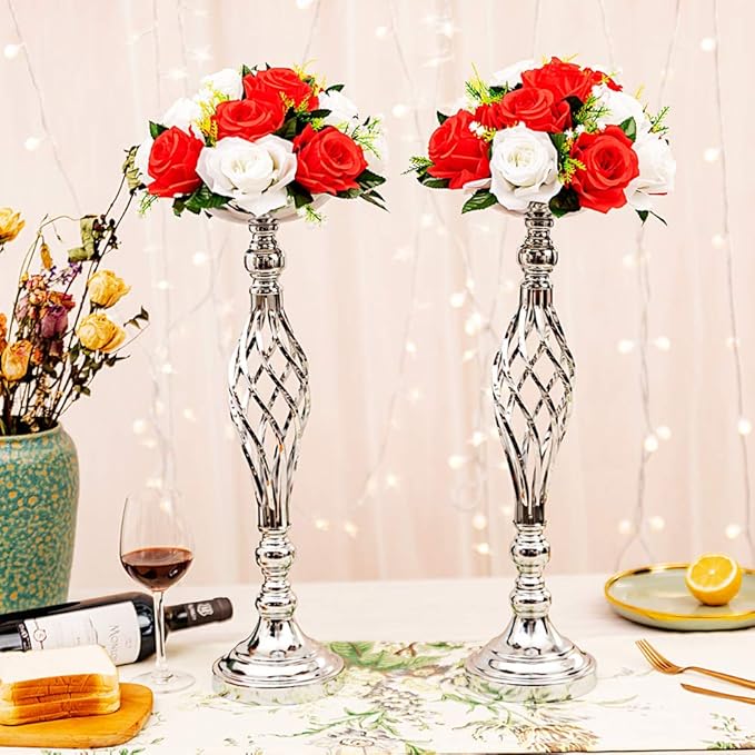 LANLONG 2pcs Metal Silver Candle Holders Road Lead Table Centerpiece Stand Pillar Candlestick for Wedding Candelabra Flowers Vases