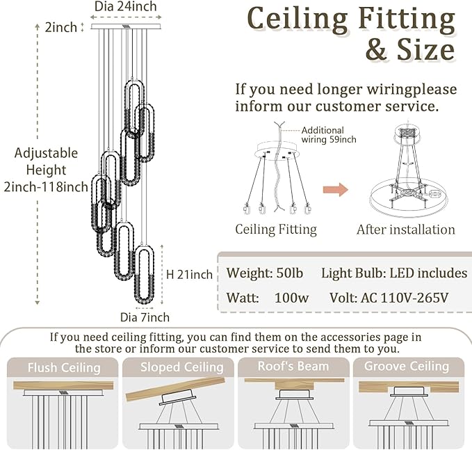 8 Rings Crystal Chandelier,H 118" Modern Black Pendant Light Luxury Foyer Lighting Fixture High Ceiling Chandelier for Entryway,Staircase,Living Room,Villa LED Dimmable 2700K-6000K