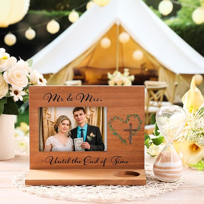 Blosssound Wedding Sand Ceremony Set Wooden Photo Frame, Hourglass Funnel, Sand, Glass Bottles, Mr and Mrs Until The End of Time Unity Kit for Weddings Ceremony Party Supplies(Nature)