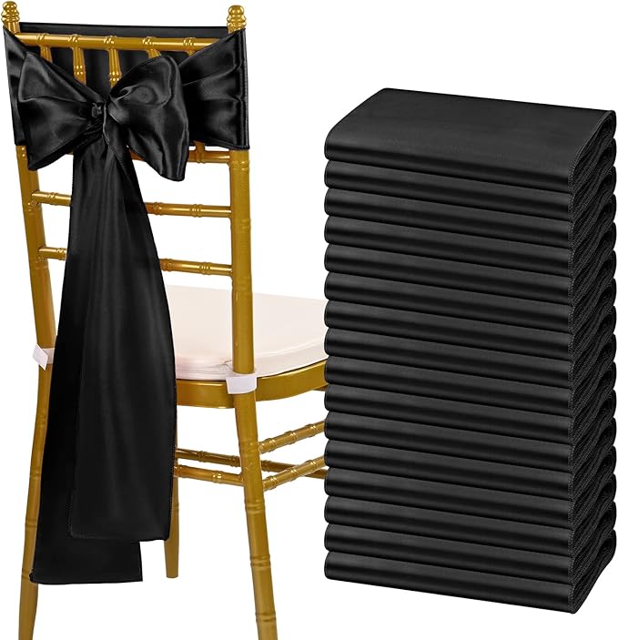 fani 60 PCS Black Satin Chair Sashes Bows Universal Chair Cover for Wedding Reception Restaurant Event Decoration Banquet,Party,Hotel Event Decorations (7 x 108 inch)