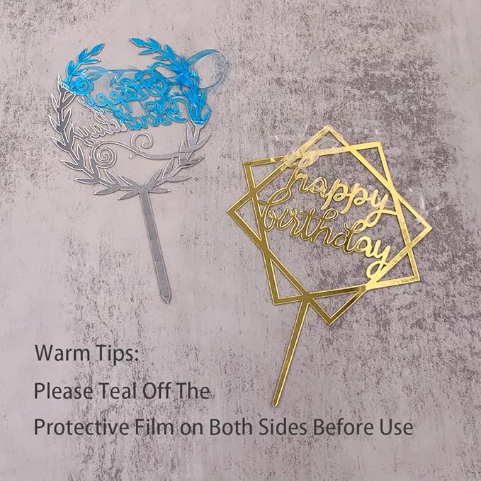 Gold Happy Birthday Cake Topper - Acrylic Cupcake Toppers Decoration Supplies (7 Pieces)