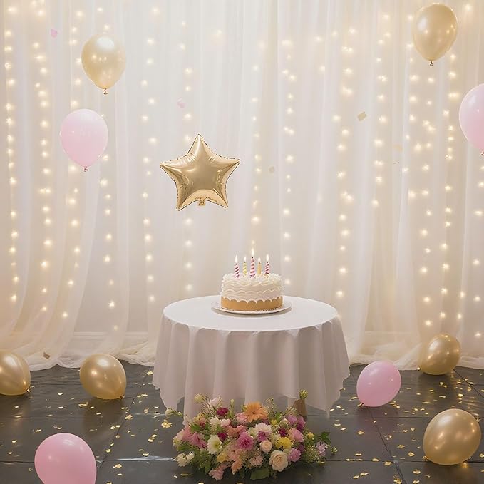 10×10ft Tulle Backdrop Curtains with Lights String - 300LED Fairy Lights Sheer Curtain Backdrop for Weddings Baby Shower and Birthday Party Decorations(6 Panels 5×10ft)